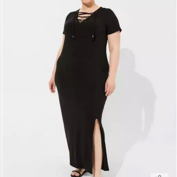 torrid Dresses & Skirts - Torrid Black Maxi Jersey Lace Up T-shirt Dress Casual Comfortable Plus Size 2x